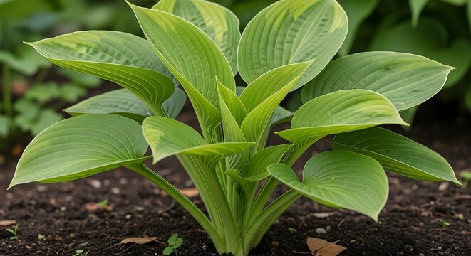 Fresh green leafy plant growing in dark soil