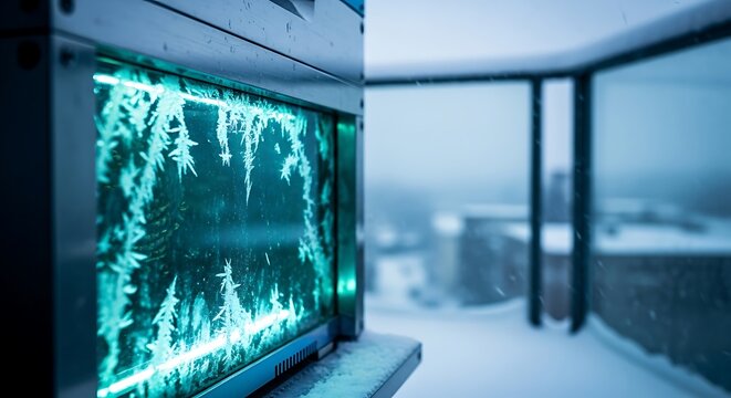 Frozen glass panel with intricate ice patterns glowing in teal light. Sharp focus on crystalline structures against a soft snowy background. Ideal for environmental science marketing.