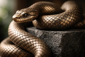 Fototapeta premium Detailed Bronze Snake Figurine Coiled on a Dark Stone Surface with Soft Bokeh Background