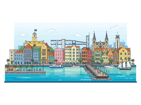 Willemstad, Curacao Cityscape Vector Illustration: Iconic Handelskade Waterfront, Colorful Dutch Colonial Buildings, Queen Emma Pontoon Bridge, and Harbor Scene