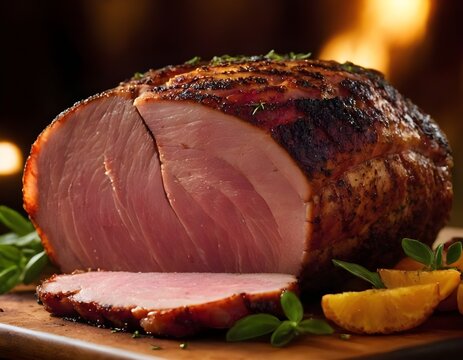 sliced cajun blackened ham on a wooden board
