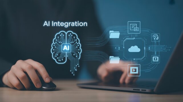 Person working on laptop with ai integration brain interface on screen in dark room