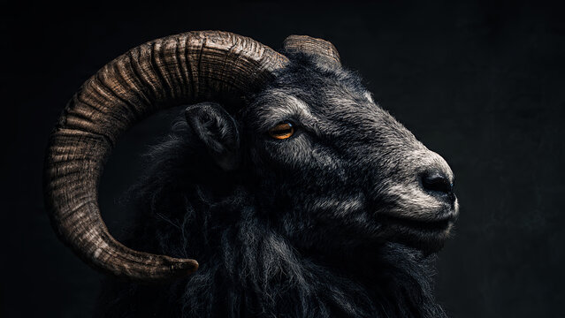 A Garut ram with large curved horns against a pitch-black background. The mysterious, deep black color, detailed textures on the fur and horns, and a minimalist composition.
