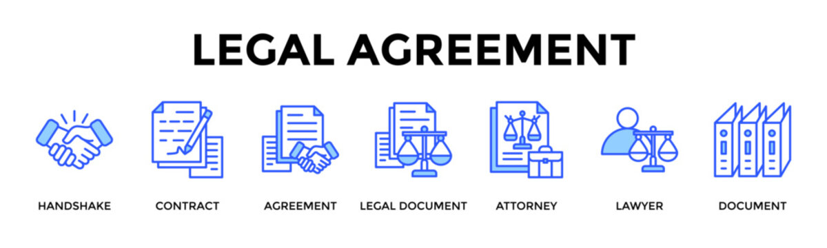 Legal Agreement  Banner Web  Icon Set Collection Pack Vector Illustration Concept Containing Handshake, Contract, Agreement, Legal Document, Attorney, Lawyer, Document