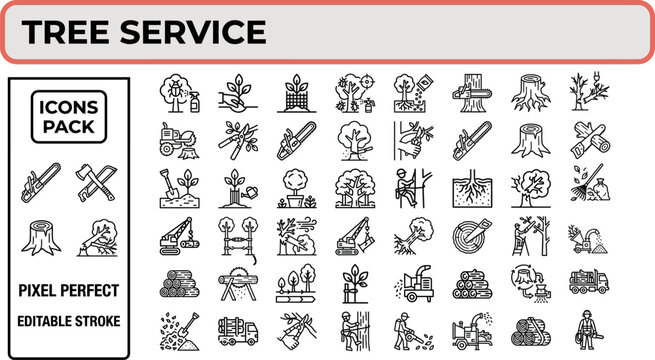 Tree Service and Arborist outline icon set. Featuring chainsaw, pruning, climber, stump removal, and landscape gardener symbols. Editable stroke vector icons for tree care and arboriculture business.