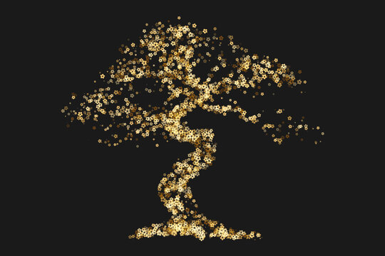 Vector abstract gold sakura cherry blossom tree silhouette formed by golden flower particles on black background for premium nature technology digital and luxury lifestyle concept