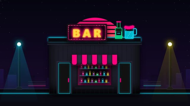 Animated Retro Neon Bar Front with Glowing Drink Signs and City Nightscape Background for Nightlife Concept