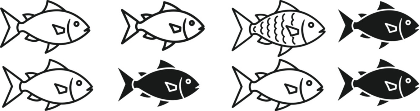 Fish Icons Collection in Line and Solid Style, Set of Marine and Freshwater Fish Symbols Vector Illustration