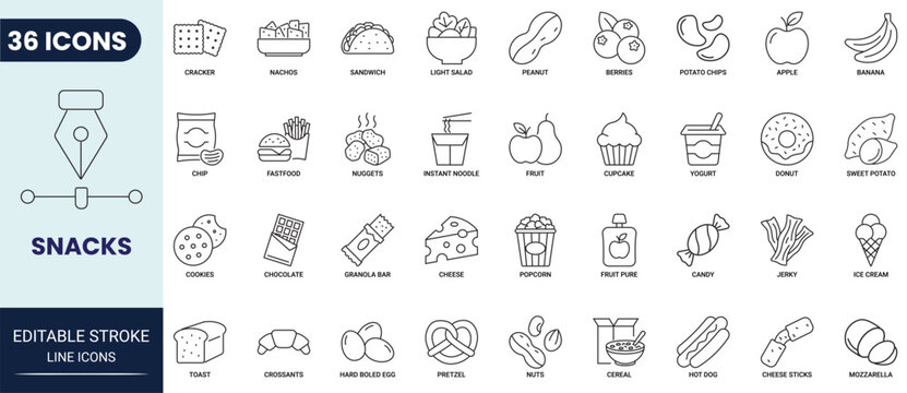 Snack icon set in outline style. Collection of chips, popcorn, candy, chocolate, cookie, and fast food. Editable stroke. Vector icon collection.