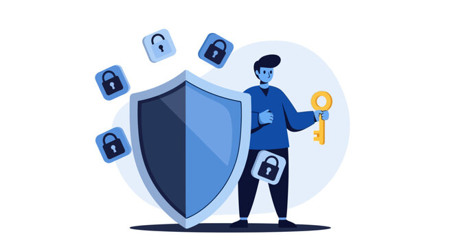 Digital security concept with a man holding a golden key next to a shield and floating lock icons representing data
