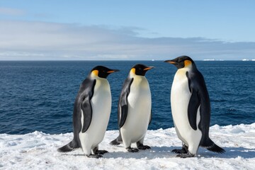 Fototapeta premium Penguins Standing on Ice Beside Vast Ocean