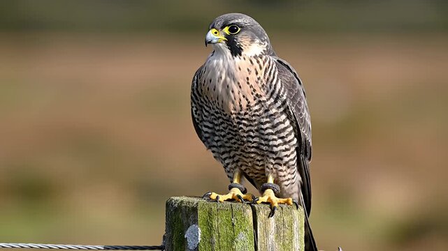 Peregrine falcon perched on wooden fence post outdoors