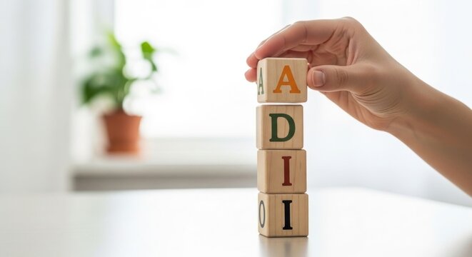 Hand stacking wooden blocks to spell ADII representing a concept or idea.