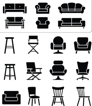 Furniture silhouettes, sofa, armchair, lounge chair, bar stool, director&rsquo;s chair, swivel chair, dining chair, vector interior design icons