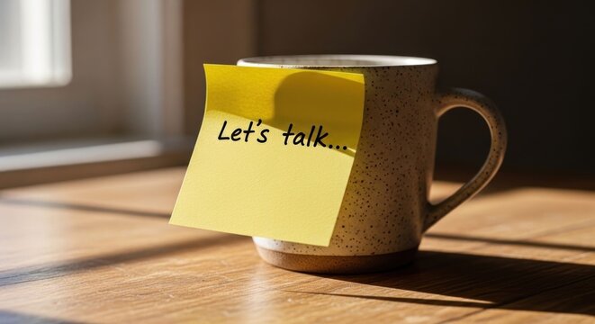Lets Talk Note on Coffee Mug in Sunlight.