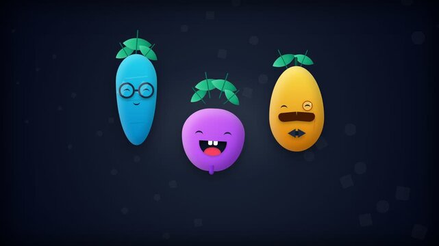 Three Cute Stylized Cartoon Vegetable Mascots with Happy Facial Expressions on Dark Background for Digital Animation