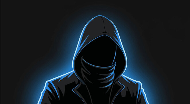 Mysterious hooded figure with glowing blue outline and abstract background representing anonymity and digital threat