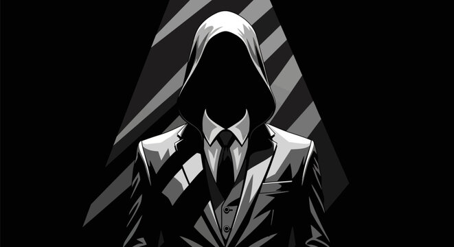 Anonymous figure in a suit and hood symbolizing mystery unknown identity and digital security threats in a dark