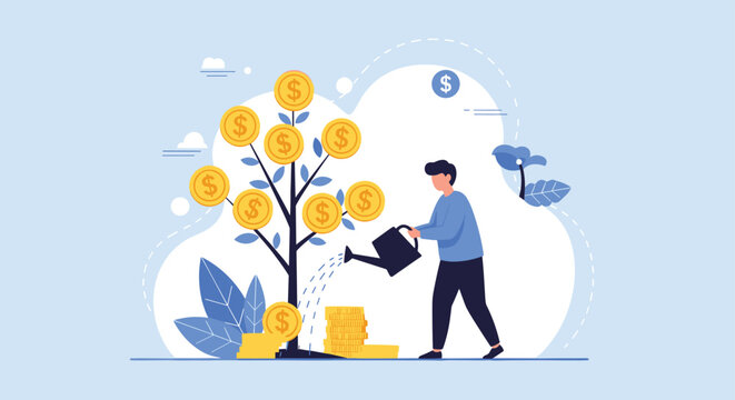 Young man diligently waters a thriving money tree with gold coins growing from its branches as a metaphor for financial growth and investment.