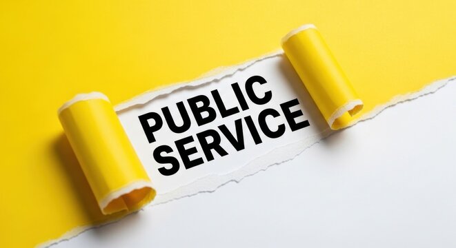 Public Service Text on Torn Yellow Paper Revealing White Background.