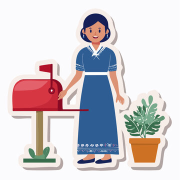Woman checking mailbox with potted plant