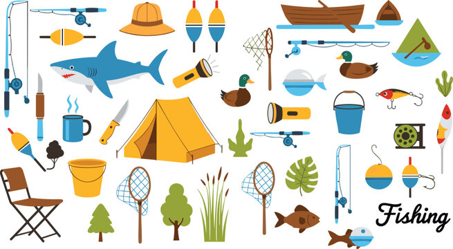 Fishing and Camping Outdoor Set in Flat Style, Collection of Rods, Boat, Tent, Fish and Nature Elements Vector Illustration