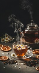 Fototapeta premium Steaming herbal tea with dried oranges and chamomile flowers.