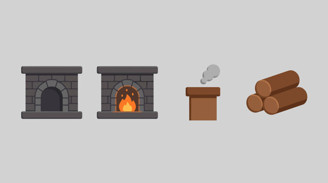 Pixel art fireplace chimney and firewood icon set