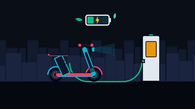 Electric Scooter Charging at Urban Power Station at Night Animation Illustrating Eco Friendly City Transportation