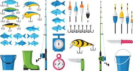 Fishing Equipment and Tackle Set in Flat Style, Collection of Rods, Lures, Floats, Hooks and Fish Vector Illustration © Minara
