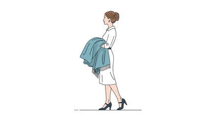 Fototapeta premium Elegant woman with her hair in a bun wears a stylish white midi dress and walks forward while carrying a blue coat over her arm in profile view.