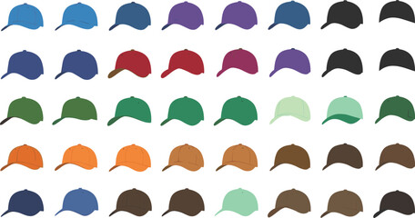 Fototapeta premium Baseball Caps Set in Flat Style, Collection of Colorful Sport Hats and Casual Headwear Vector Illustration
