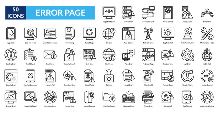Error Page Line Icon Set. Error, Warning, Alert, Problem, Issue, Failure, Crash
