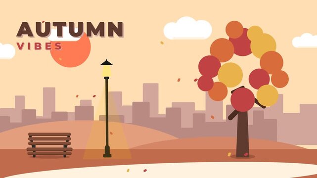 Minimalist Flat Vector Illustration of Autumn City Park with Sunset Skyline and Falling Leaves