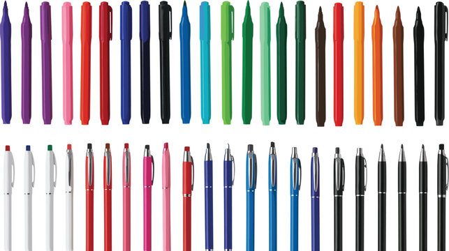 Colorful Pens and Markers Set, Collection of Writing Tools and Office Stationery in Flat Style Vector Illustration