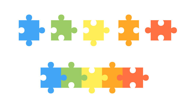 Colorful jigsaw puzzle pieces set, separate and connected in a row. Vector illustration for teamwork, diversity, partnership, and 5-step business process concept.