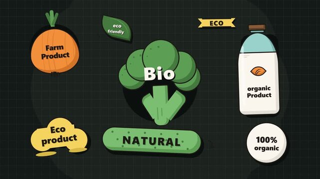 Organic Food Labels and Vegetable Icons for Sustainable Lifestyle Marketing and Healthy Eating Concepts