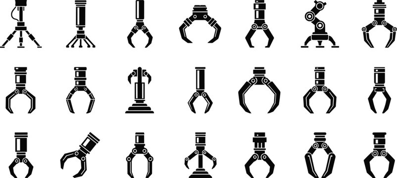 Robotic Arm Gripper Icons Set, Collection of Industrial Robot Claws and Automation Manipulators Vector Illustration