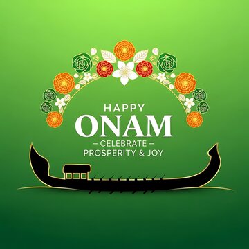 Happy Onam Celebration Background with Traditional Boat and Floral Arch