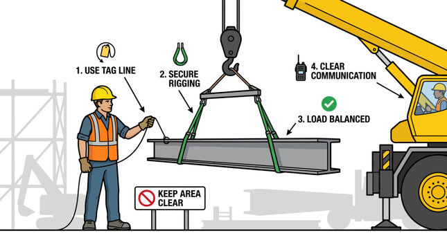 Professional rigger and crane operator demonstrating safe lifting procedures with steel beam and rigging safety icons, Perfect for safety training, industrial manual and construction education