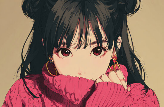 Girl with pink sweater and dark hair.