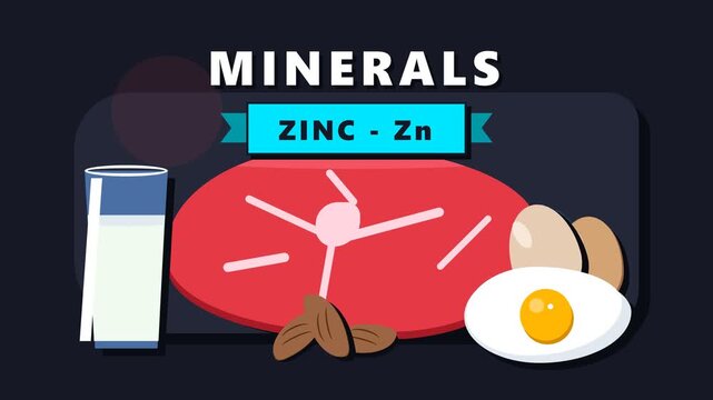 Nutritional Zinc Mineral Sources Illustration with Meat Eggs Milk and Almonds