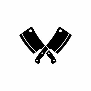 Black silhouette icon of two crossed butcher cleavers, symbolizing meat preparation or a butcher shop.