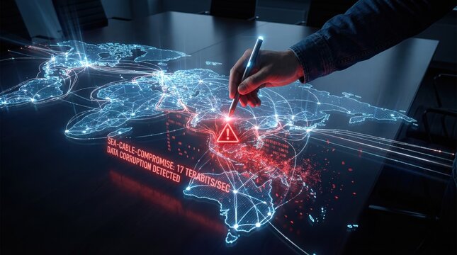 Global Network Monitoring HUD Displaying Sea Cable Compromise and Data Corruption Detected Warning