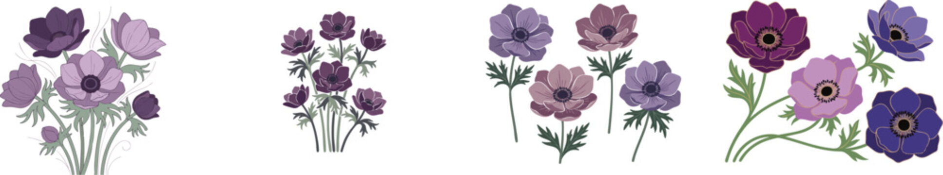 Purple anemones. Botanical art set. Modern, minimalist and beautifully decorative floral art., vector isolated on white