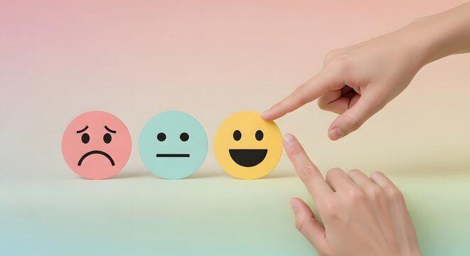 Hand selecting happy emoji face with sad and neutral expressions