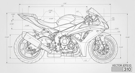 Detailed technical drawing of a sport motorcycle blueprint. © Diki
