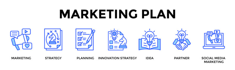 Marketing Plan  Banner Web  Icon Set Collection Pack Vector Illustration Concept Containing Marketing, Strategy, Planning, Innovation Strategy, Idea, Partner, Social Media Marketing © Kholifah rokhman