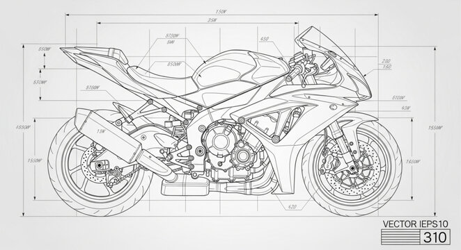 Detailed technical drawing of a sport motorcycle blueprint.