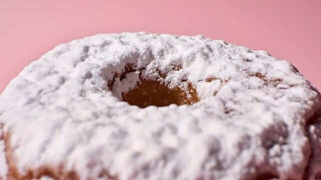 A delicious, freshly baked pastry, covered in a generous layer of powdered sugar, sits on a vibrant, solid-colored background